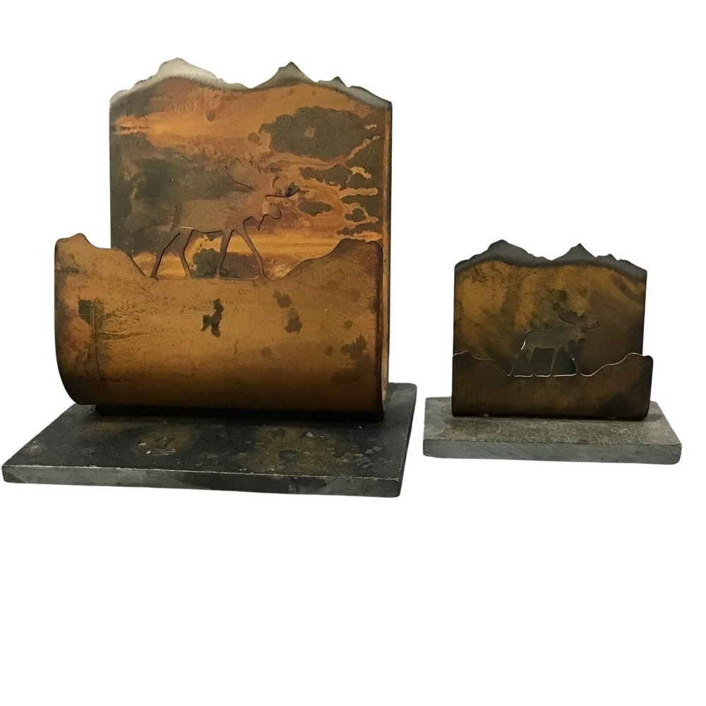 Rustic Metal Moose Letter & Business Card Holder‎ Set Slate Base Cabin Decor - Picture 2 of 14